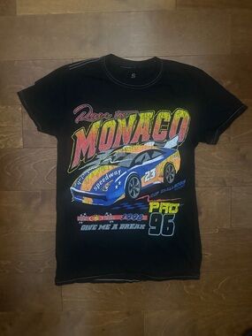 Woman’s Monaco Black Short Sleeve Graphic Tee with Multicolor Racing Print